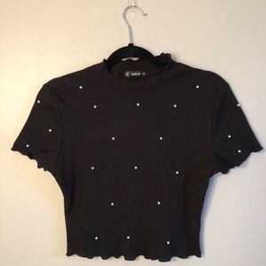 Short sleeved black crop top with pearls